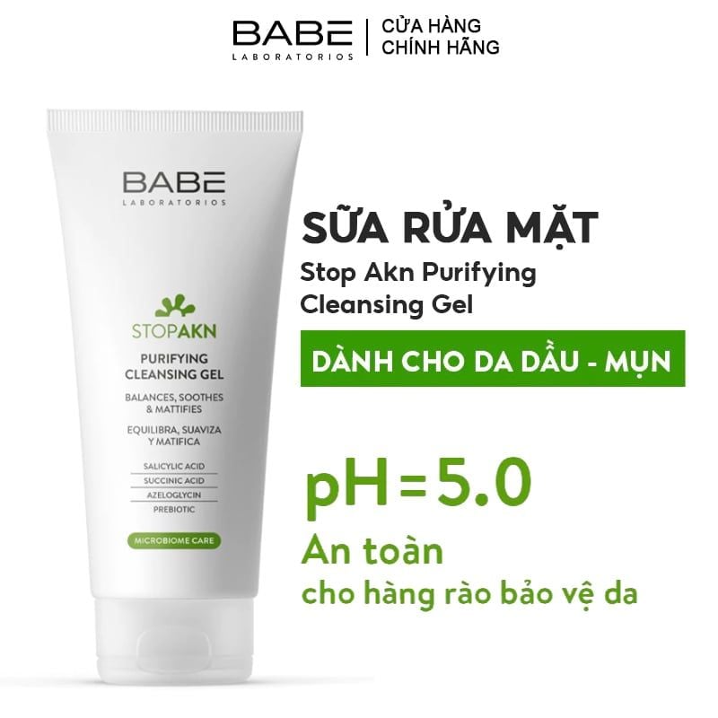 Sữa Rửa Mặt LABORATORIOS BABÉ Dạng Gel Cho Da Dầu Mụn Stop Akn Purifying Cleansing Gel 200ml