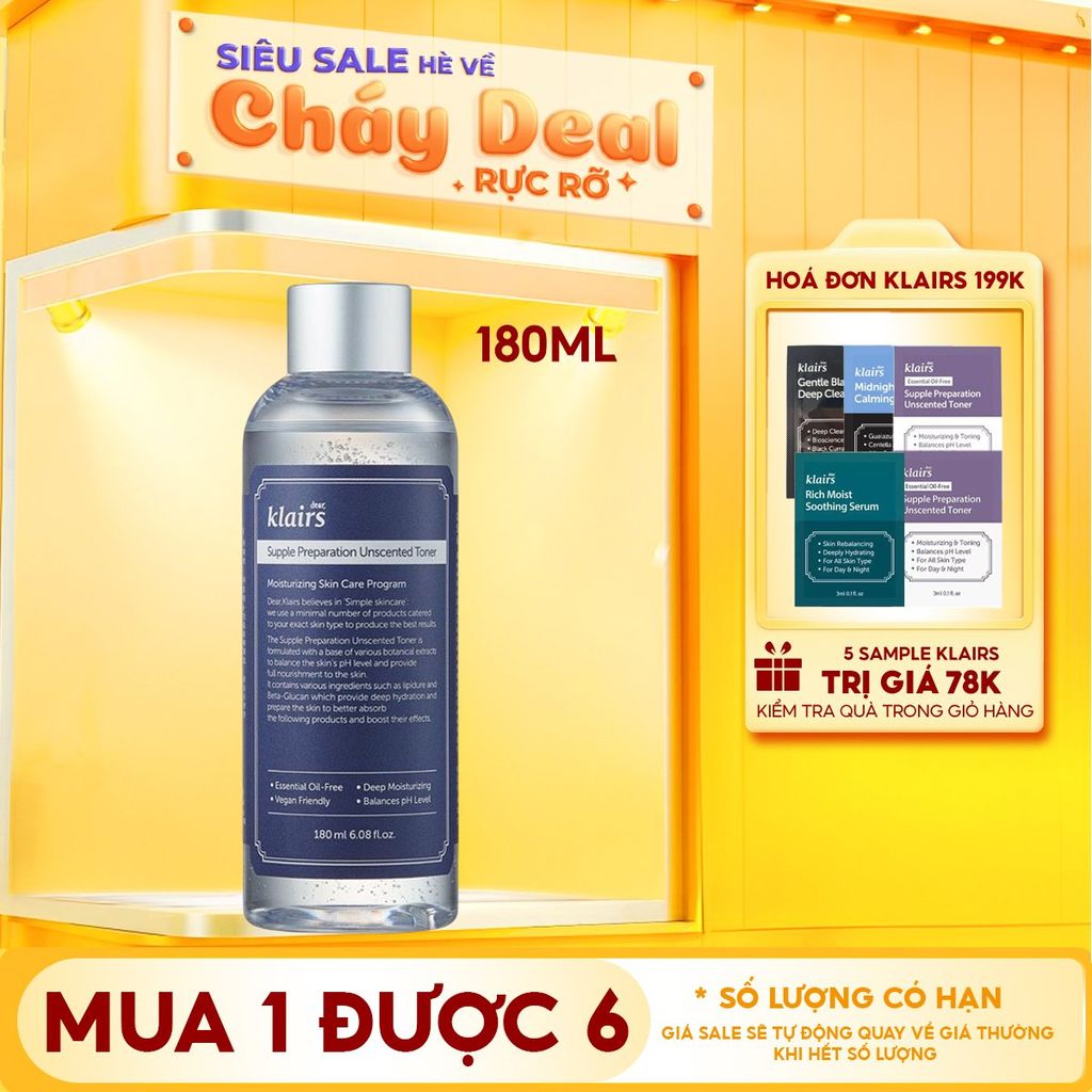 Nước Hoa Hồng Klairs Không Mùi Dưỡng Ẩm, Làm Dịu Da Supple Preparation Unscented Toner 180ml