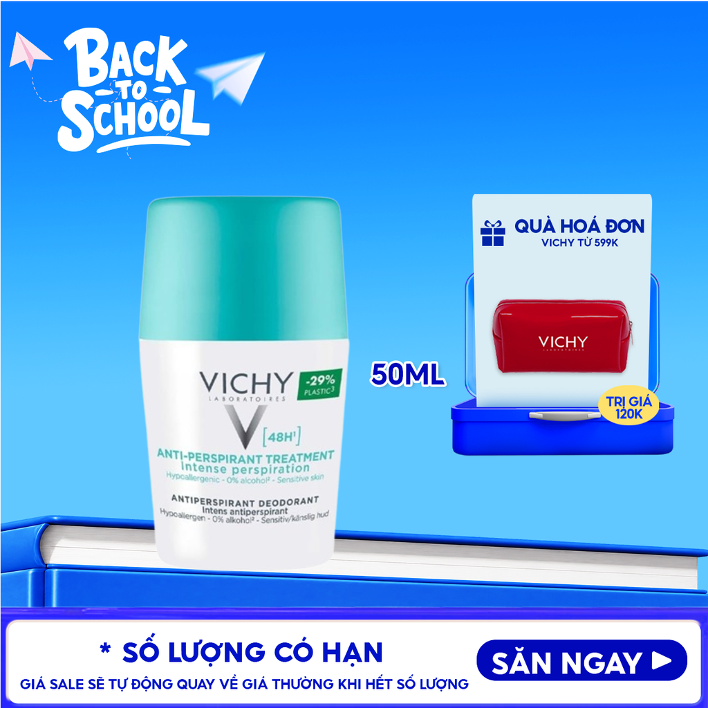 Lăn Khử Mùi Vichy Hỗ Trợ Giảm Mồ Hôi Dưới Cánh Tay, Giữ Khô Thoáng Suốt 48h Cho Da Nhạy Cảm Traitement Anti – Transpirant 48h 50ml (Che tên sản phẩm khi giao hàng)