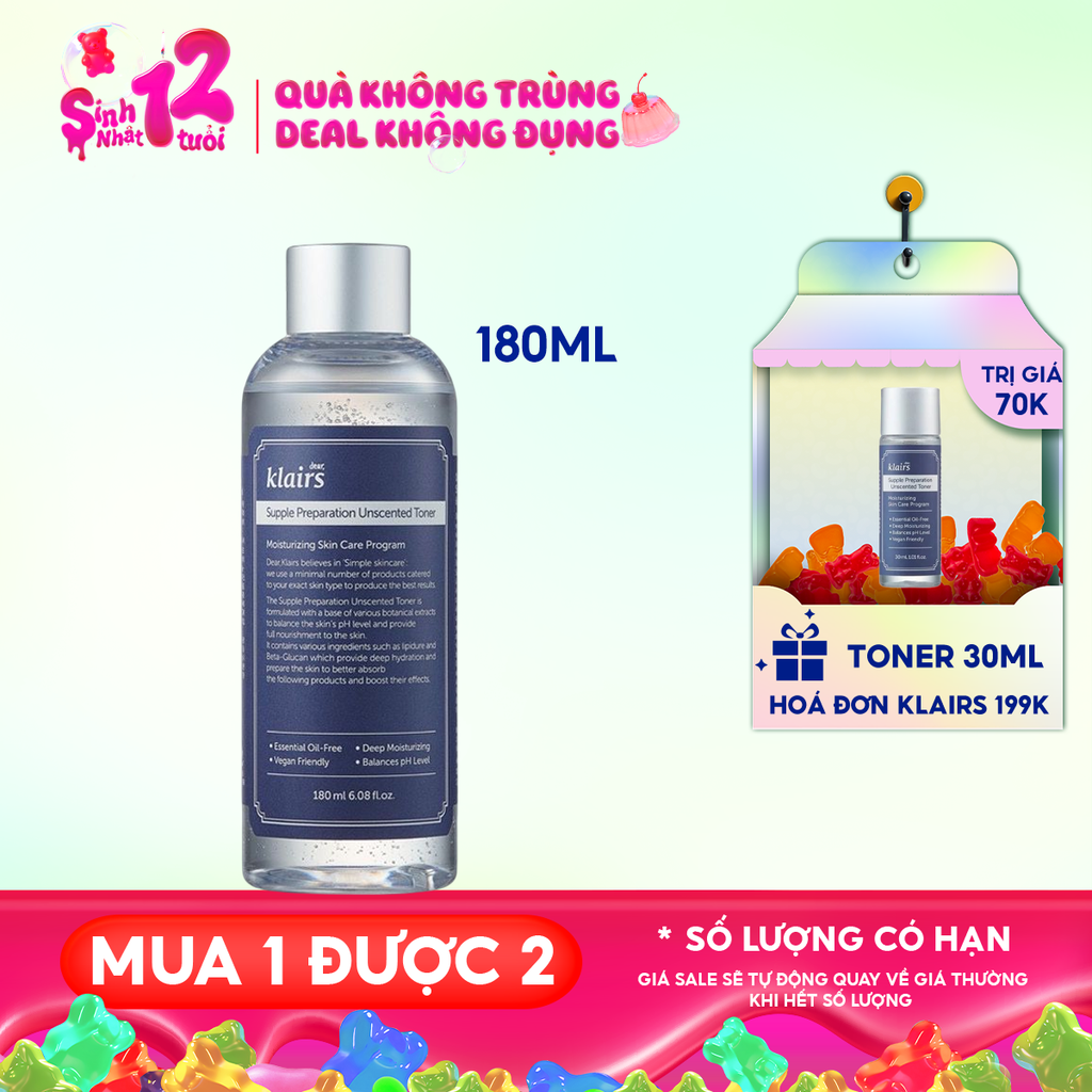 Nước Hoa Hồng Klairs Không Mùi Dưỡng Ẩm, Làm Dịu Da Supple Preparation Unscented Toner 180ml