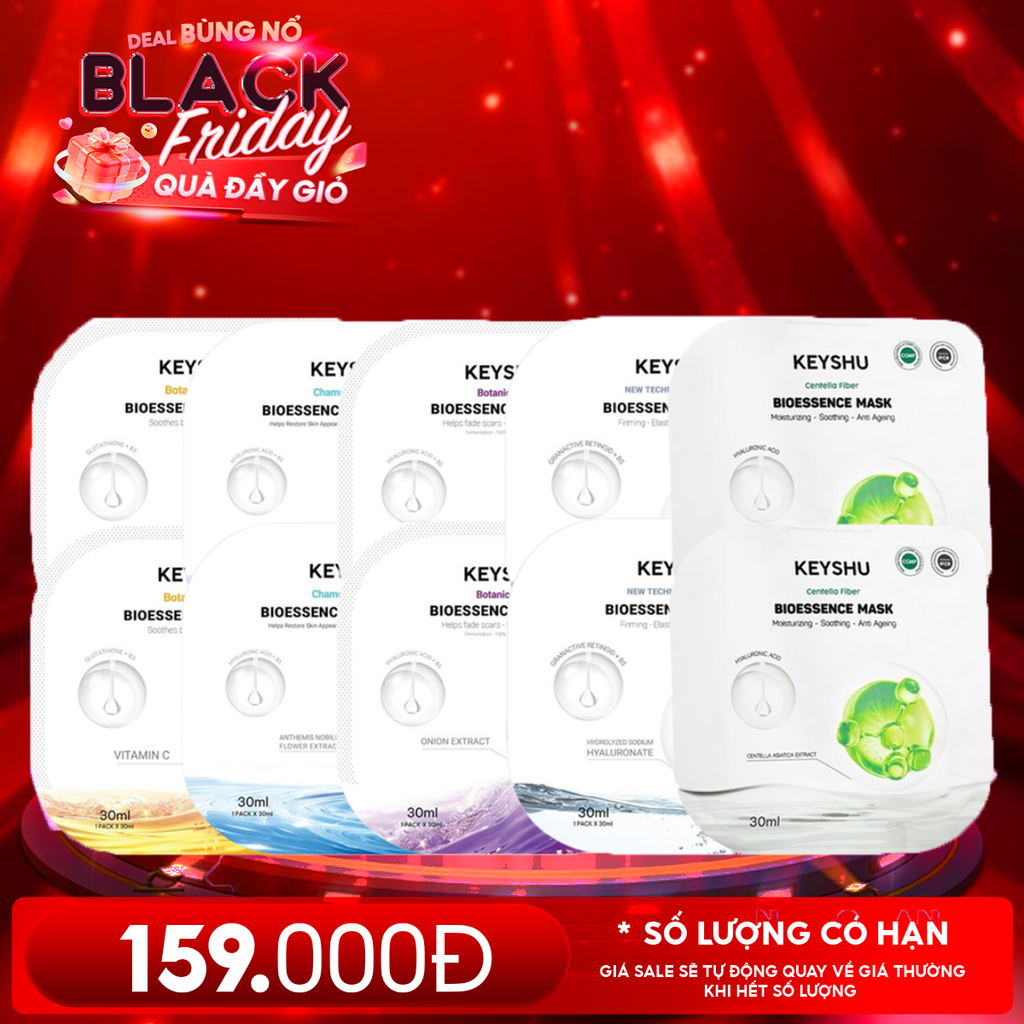 Combo Keyshu 10 Mask: Mặt Nạ Keyshu Dưỡng Ẩm, Làm Mềm Da, Hỗ Trợ Ngừa Lão Hóa Bioessence Mask 30ml (không kèm hộp)