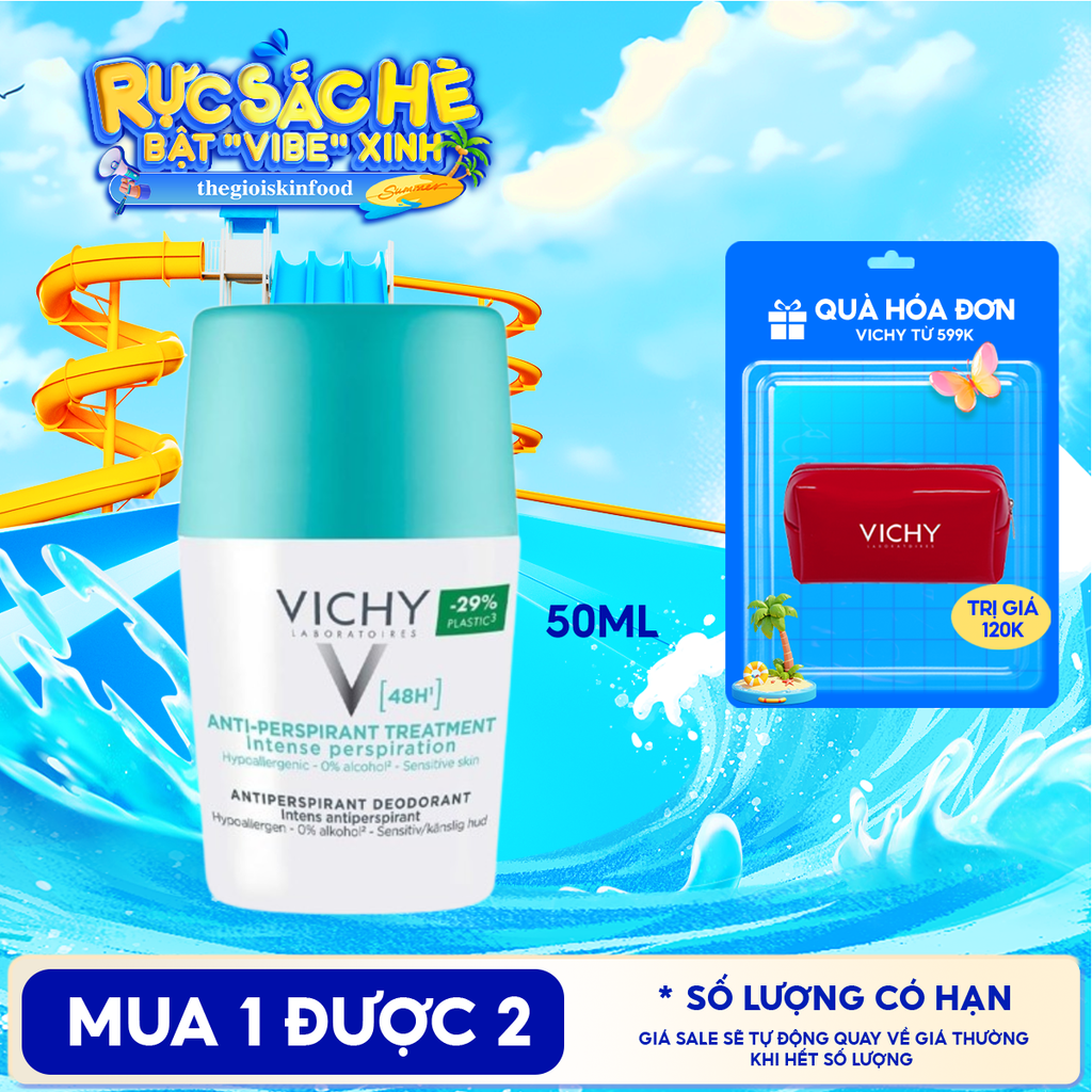 Lăn Khử Mùi Vichy Hỗ Trợ Giảm Mồ Hôi Dưới Cánh Tay, Giữ Khô Thoáng Suốt 48h Cho Da Nhạy Cảm Traitement Anti – Transpirant 48h 50ml (Che tên sản phẩm khi giao hàng)