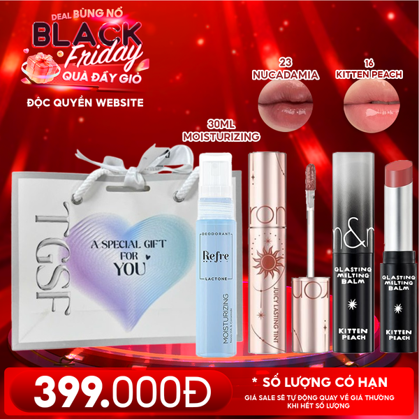  Combo Quà Tặng 20/11: Son Tint Lì Romand Juicy Solunar Edition + Son Dưỡng Có Màu Romand Glasting Melting Balm + Xịt Khử Mùi Refre 30ml + Túi Quà 