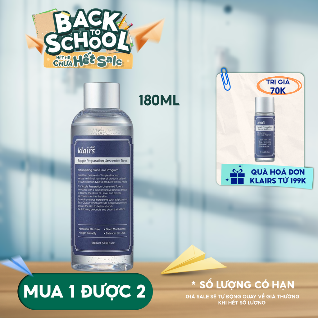 Nước Hoa Hồng Klairs Không Mùi Dưỡng Ẩm, Làm Dịu Da Supple Preparation Unscented Toner 180ml