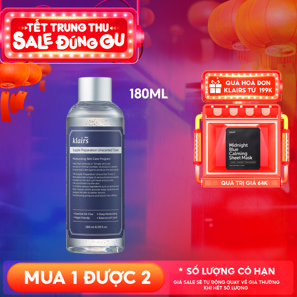Nước Hoa Hồng Klairs Không Mùi Dưỡng Ẩm, Làm Dịu Da Supple Preparation Unscented Toner 180ml