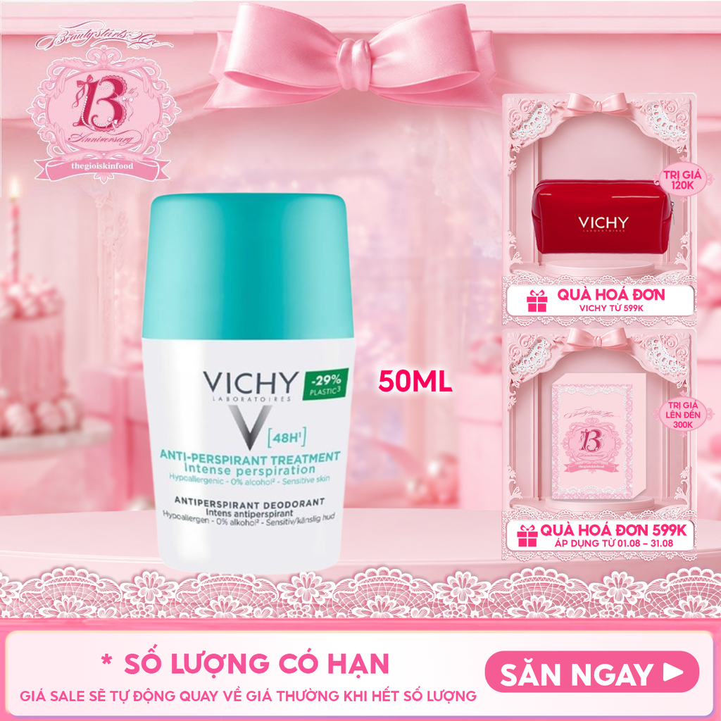 Lăn Khử Mùi Vichy Hỗ Trợ Giảm Mồ Hôi Dưới Cánh Tay, Giữ Khô Thoáng Suốt 48h Cho Da Nhạy Cảm Traitement Anti – Transpirant 48h 50ml (Che tên sản phẩm khi giao hàng)