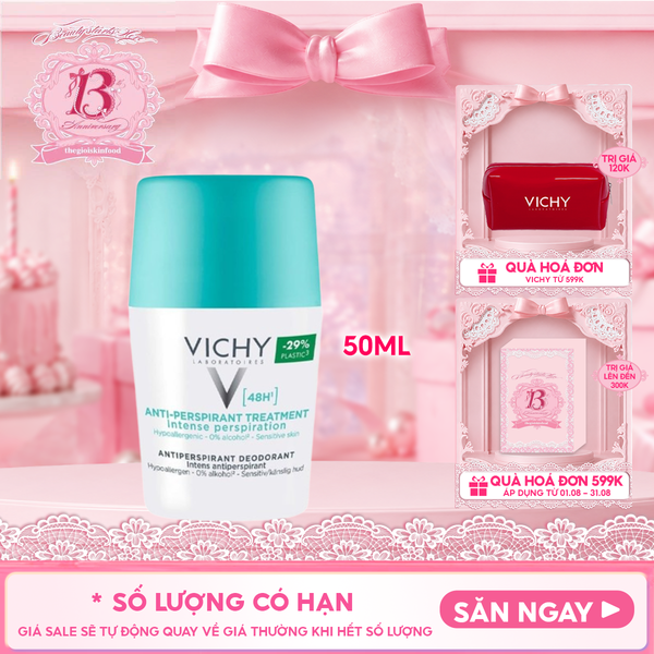  Lăn Khử Mùi Vichy Hỗ Trợ Giảm Mồ Hôi Dưới Cánh Tay, Giữ Khô Thoáng Suốt 48h Cho Da Nhạy Cảm Traitement Anti – Transpirant 48h 50ml (Che tên sản phẩm khi giao hàng) 