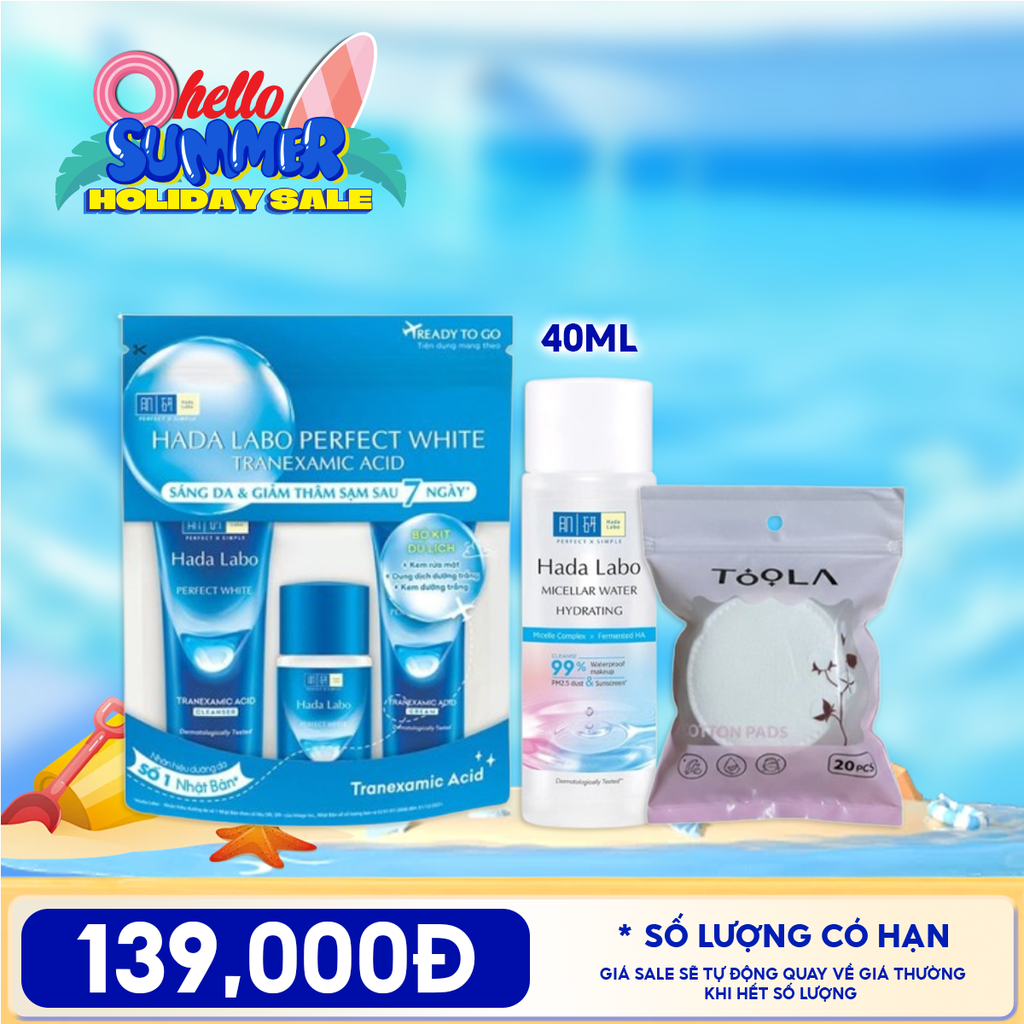 Combo Tiện Lợi:  Bộ Dưỡng Trắng Da Hada Labo Perfect White Tranexamic Acid + Nước Tẩy Trang Hada Labo Micellar Water +  Bông Tẩy Trang Mềm Mịn TOOLA