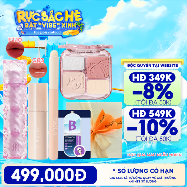  [HỘP QUÀ YÊU THƯƠNG] Son Tint Merzy Water Fit Blur Tint + Son Tint Bóng Judydoll Glazed Lip Gloss + Bảng Phấn Má Hồng VEECCI + Cọ Tán Son TOOLA + Măt Nạ Giấy Foodaholic 