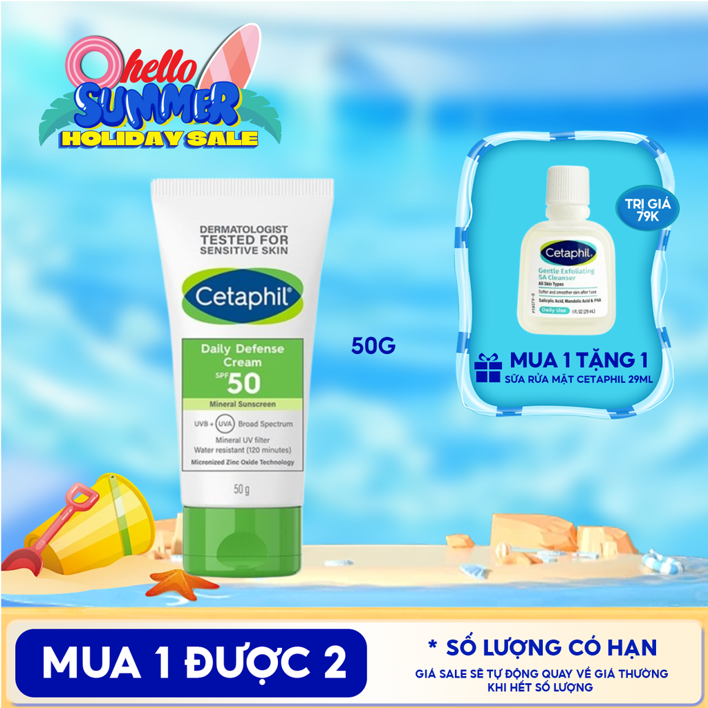 Kem Chống Nắng Cetaphil Dưỡng Ẩm 2in1 Cho Da Thiên Dầu, Nhạy Cảm Daily Defense Cream SPF50 UVB+UVA 50g