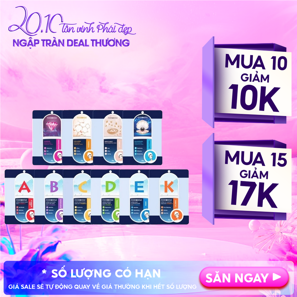 Măt Nạ Giấy Foodaholic Dưỡng Âm, Hỗ Trợ Dưỡng Trắng Da Hàn Quốc Essential Mask (Vitamin A, B, C, D, E, K, Ngọc Trai, Tổ Yến) 23g