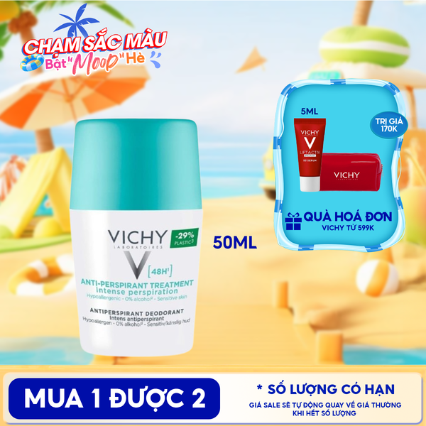  Lăn Khử Mùi Vichy Hỗ Trợ Giảm Mồ Hôi Dưới Cánh Tay, Giữ Khô Thoáng Suốt 48h Cho Da Nhạy Cảm Traitement Anti – Transpirant 48h 50ml (Che tên sản phẩm khi giao hàng) 