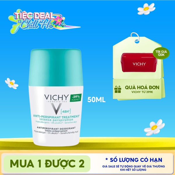  Lăn Khử Mùi Vichy Hỗ Trợ Giảm Mồ Hôi Dưới Cánh Tay, Giữ Khô Thoáng Suốt 48h Cho Da Nhạy Cảm Traitement Anti – Transpirant 48h 50ml (Che tên sản phẩm khi giao hàng) 