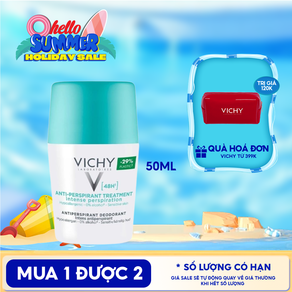 Lăn Khử Mùi Vichy Hỗ Trợ Giảm Mồ Hôi Dưới Cánh Tay, Giữ Khô Thoáng Suốt 48h Cho Da Nhạy Cảm Traitement Anti – Transpirant 48h 50ml (Che tên sản phẩm khi giao hàng)