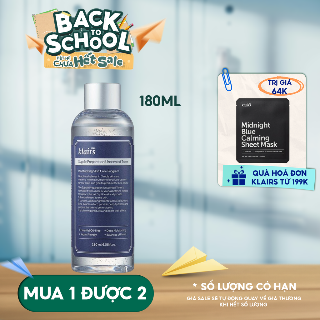 Nước Hoa Hồng Klairs Không Mùi Dưỡng Ẩm, Làm Dịu Da Supple Preparation Unscented Toner 180ml