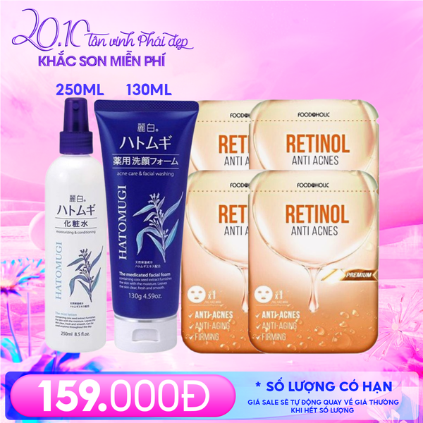  Combo 20/10: Xịt Khoáng Hatomugi 250ml + Sữa Rửa Mặt Hatomugi 130g + Mặt Nạ Foodaholic #Retinol (4 miếng) 