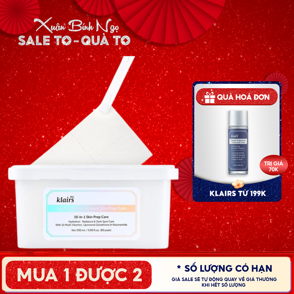 Mặt Nạ Giấy Klairs Cấp Ẩm, Hỗ Trợ Sáng Da, Mờ Thâm Freshly Vitamin Skin Prep Pads 290ml