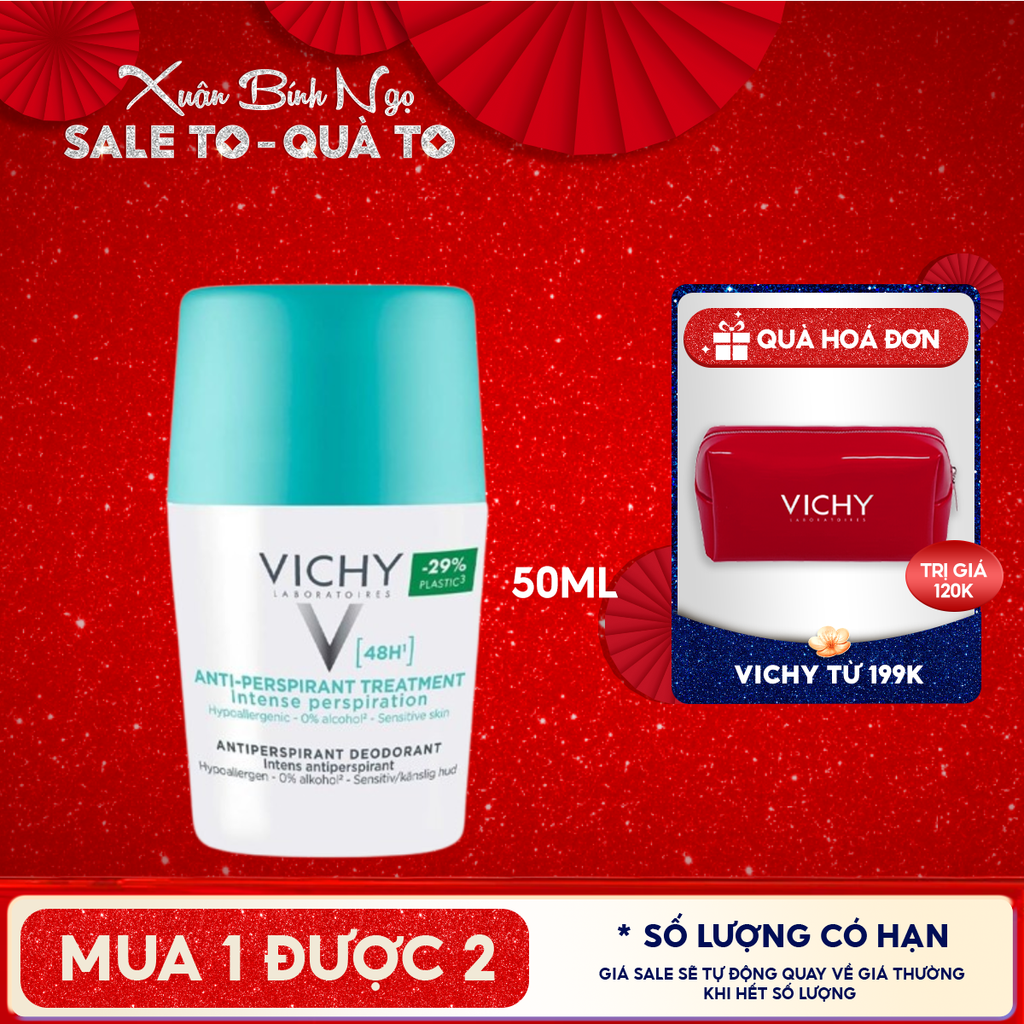 Lăn Khử Mùi Vichy Hỗ Trợ Giảm Mồ Hôi Dưới Cánh Tay, Giữ Khô Thoáng Suốt 48h Cho Da Nhạy Cảm Traitement Anti – Transpirant 48h 50ml (Che tên sản phẩm khi giao hàng)