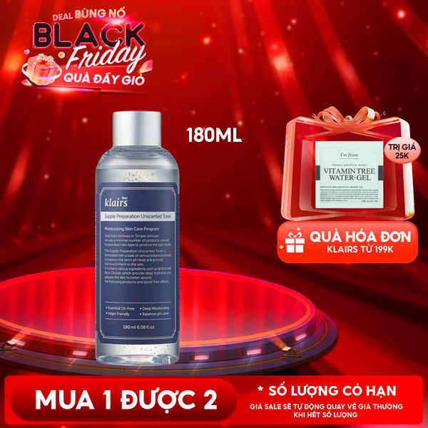  Nước Hoa Hồng Klairs Không Mùi Dưỡng Ẩm, Làm Dịu Da Supple Preparation Unscented Toner 180ml 