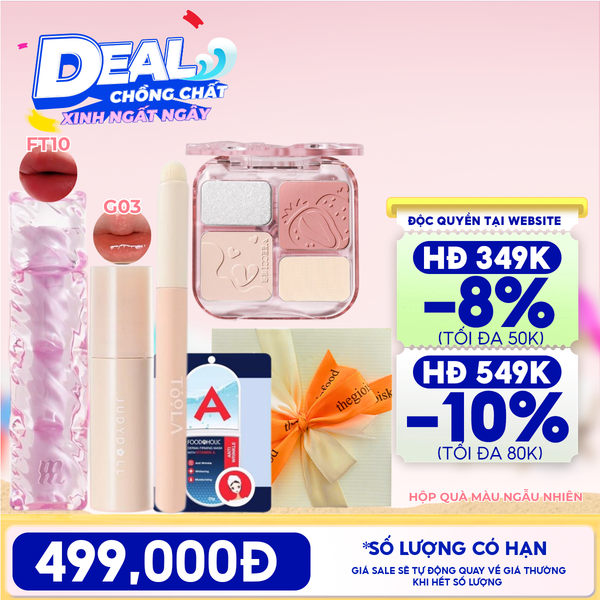  [HỘP QUÀ YÊU THƯƠNG] Son Tint Merzy Water Fit Blur Tint + Son Tint Bóng Judydoll Glazed Lip Gloss + Bảng Phấn Má Hồng VEECCI + Cọ Tán Son TOOLA + Măt Nạ Giấy Foodaholic + Hộp Quà Ngẫu Nhiên 