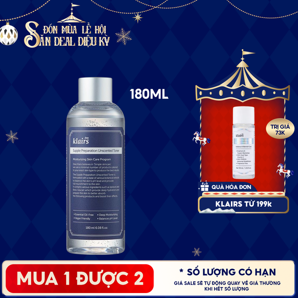  Nước Hoa Hồng Klairs Không Mùi Dưỡng Ẩm, Làm Dịu Da Supple Preparation Unscented Toner 180ml 