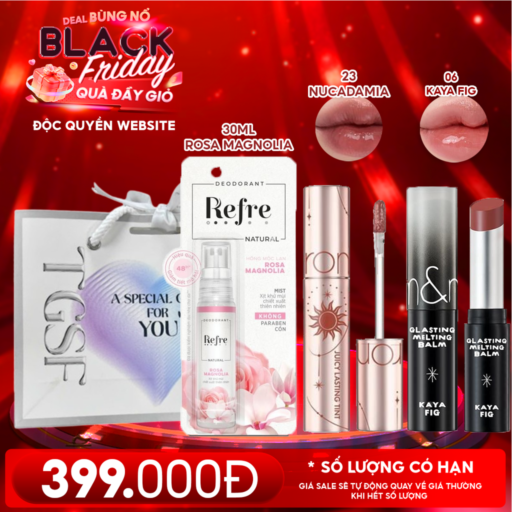 Combo Quà Tặng 20/11: Son Tint Lì Romand Juicy Solunar Edition + Son Dưỡng Có Màu Romand Glasting Melting Balm + Xịt Khử Mùi Refre 30ml + Túi Quà