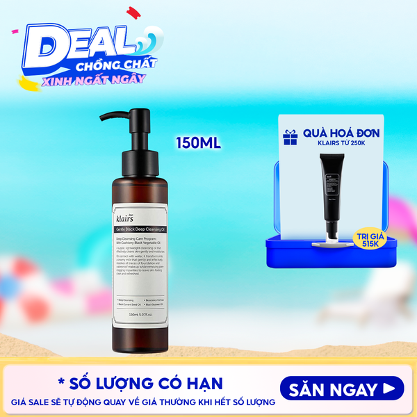  Dầu Tẩy Trang Klairs Kiểm Soát Bã Nhờn, Cung Cấp Dưỡng Chất Cho Da Gentle Black Deep Cleansing Oil 150ml 