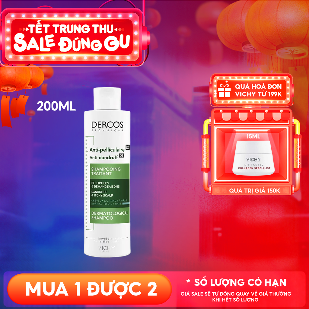 [200ml] Dầu Gội Vichy Làm Sạch Gàu, Hỗ Trợ Giảm Ngứa Dành Cho Da Dầu Dercos Anti Dandruff Dermatological Shampoo