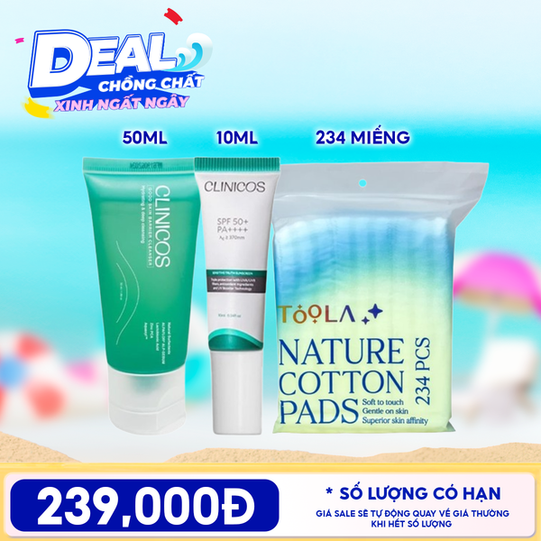 Combo Travel: Gel Rửa Mặt Clinicos Thanh Mát Good Skin Barrier Cleanser 50ml + Kem Chống Nắng CLINICOS Truth Sunscreen +  Bông Tẩy Trang Mềm Mịn TOOLA 