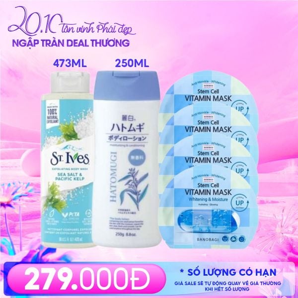  Combo 20/10 - Chăm Da Mềm Mịn: (Sữa Tắm Muối Biển ST.IVES 473ml + Sữa Dưỡng Thể Không Mùi Hatomugi  250g + Mặt Nạ Cấp Ẩm, Dưỡng Sáng Banobagi  #Whitening & Moisture (4 miếng)) 
