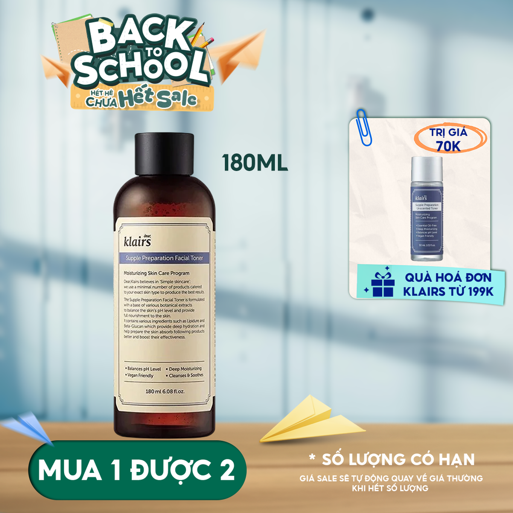 Nước Hoa Hồng Klairs Làm Sạch, Dưỡng Ẩm Supple Preparation Facial Toner 180ml