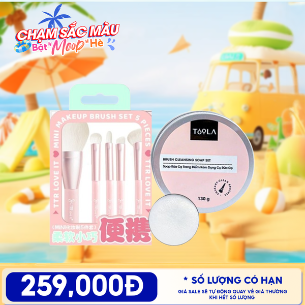  Combo Travel:  Soap Rửa Cọ Trang Điểm TOOLA Kèm Dụng Cụ Rửa Cọ + Pack 5 Cọ Trang Điểm Chuyên Dụng TTR Makeup Brush 