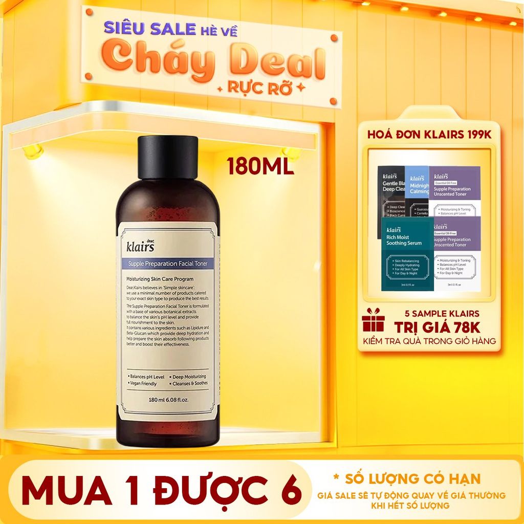 Nước Hoa Hồng Klairs Làm Sạch, Dưỡng Ẩm Supple Preparation Facial Toner 180ml