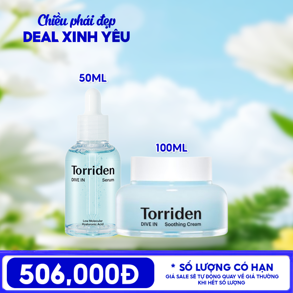  Combo Torriden: Serum Torriden Thuần Chay Cấp Ẩm, Làm Dịu Da Torriden Dive-In Serum 50ml + Kem Dưỡng Torriden Làm Dịu, Dưỡng Ẩm, Căng Mịn Da Dive In Soothing Cream 100ml 