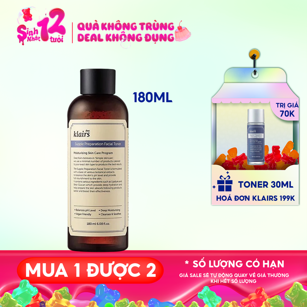 Nước Hoa Hồng Klairs Làm Sạch, Dưỡng Ẩm Supple Preparation Facial Toner 180ml