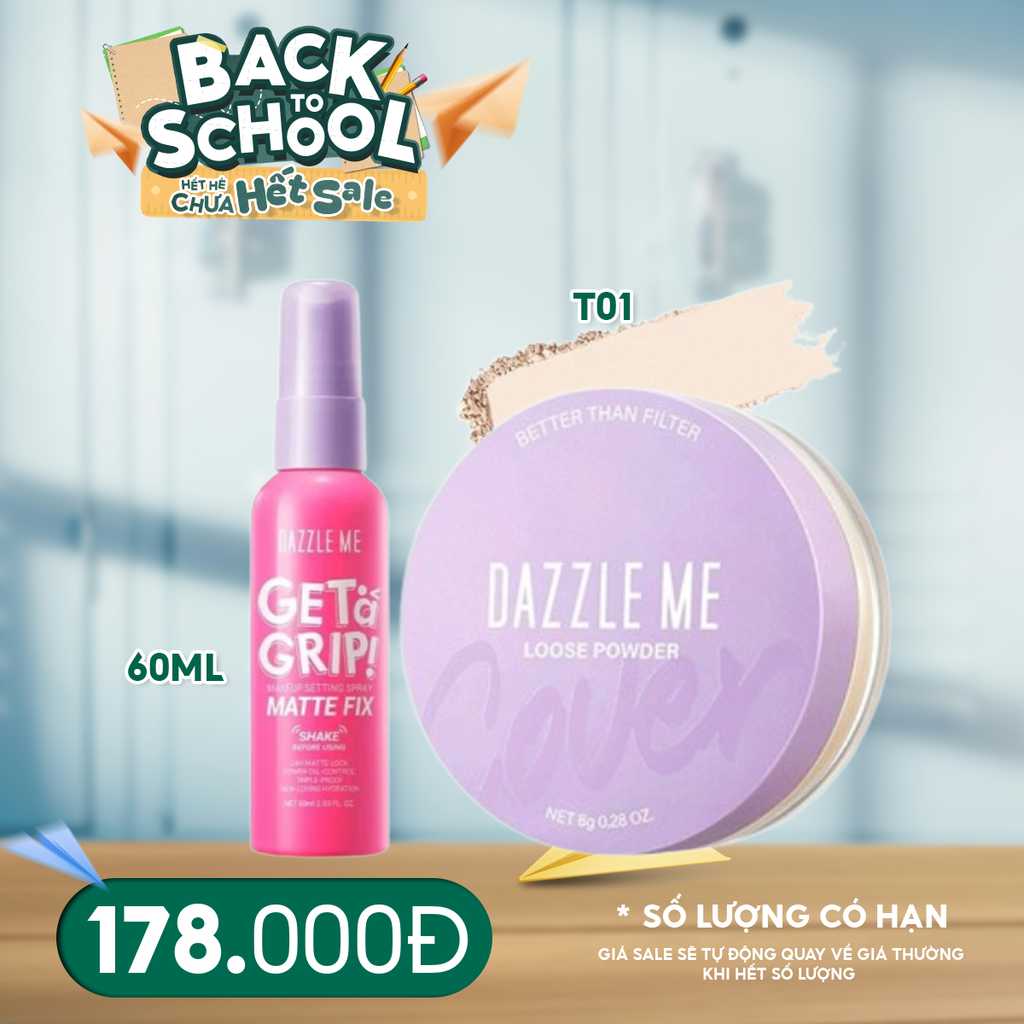 Combo DAZZLE ME 2 Sản Phẩm: Xịt Khóa Nền DAZZLE ME Get A Grip Makeup Setting Spray #Matte Fix 60ml+ Phấn Phủ DAZZLE ME Better Than Filter Fixed Loose Powder #T01 True Translucent 8g