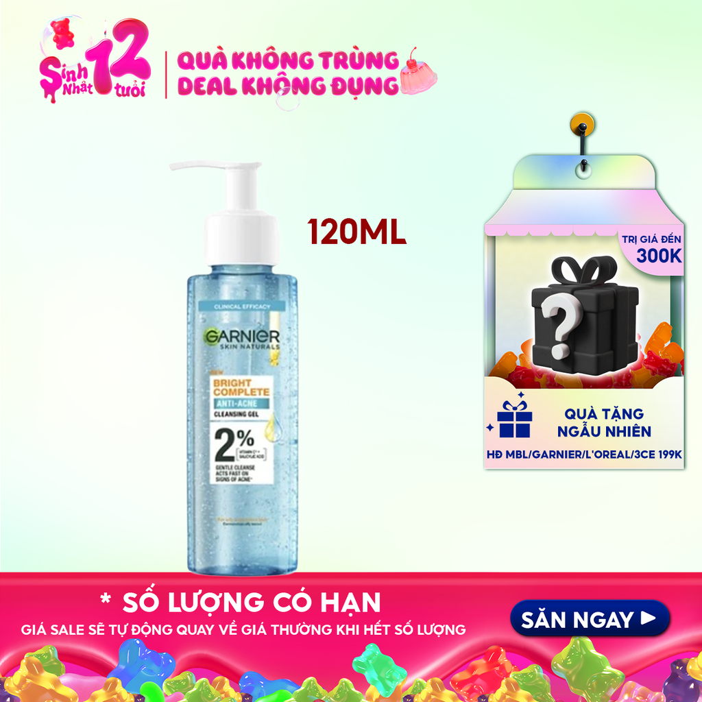 Sữa Rửa Mặt Dạng Gel Garnier Dịu Nhẹ Cho Da Dầu Mụn Skin Naturals Bright Complete Anti-Acne Cleansing Gel 120ml
