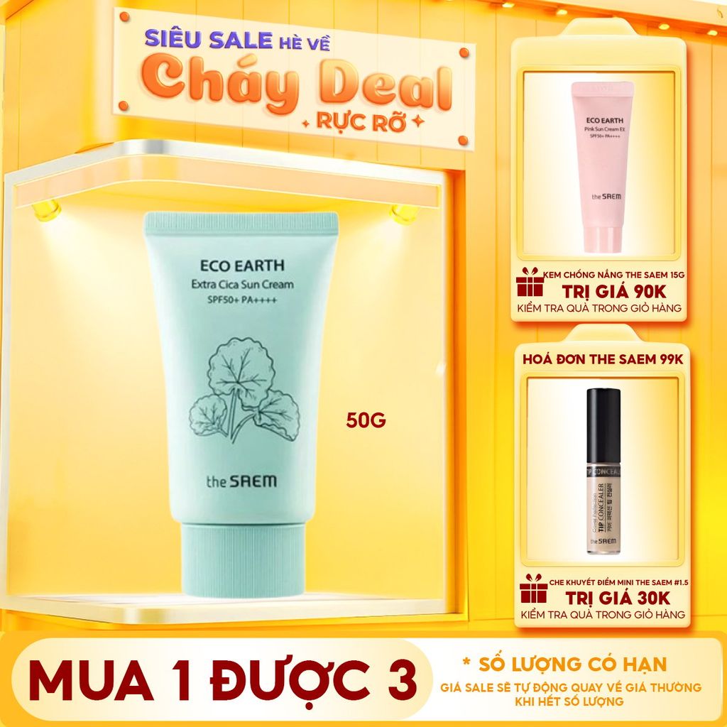 Kem Chống Nắng The Saem Nâng Tông, Cân Bằng Ẩm, Chiết Xuất Rau Má Eco Earth Extra Cica Sun Cream SPF50+/PA++++ 50g