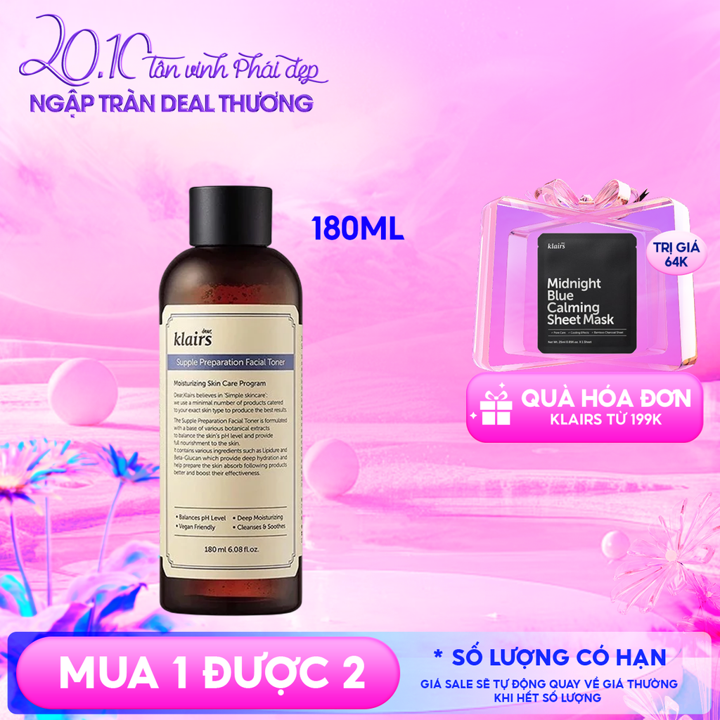 Nước Hoa Hồng Klairs Làm Sạch, Dưỡng Ẩm Supple Preparation Facial Toner 180ml