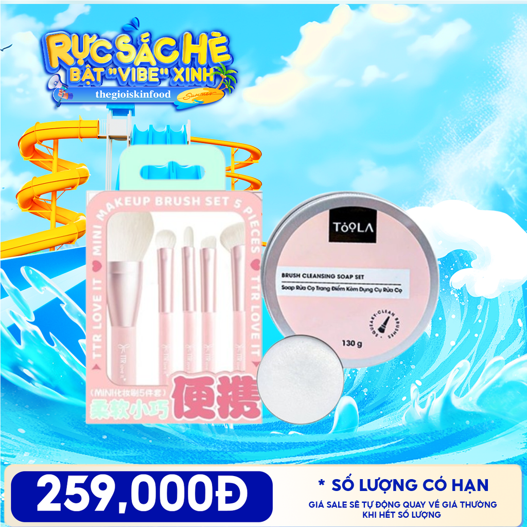Combo Travel:  Soap Rửa Cọ Trang Điểm TOOLA Kèm Dụng Cụ Rửa Cọ + Pack 5 Cọ Trang Điểm Chuyên Dụng TTR Makeup Brush