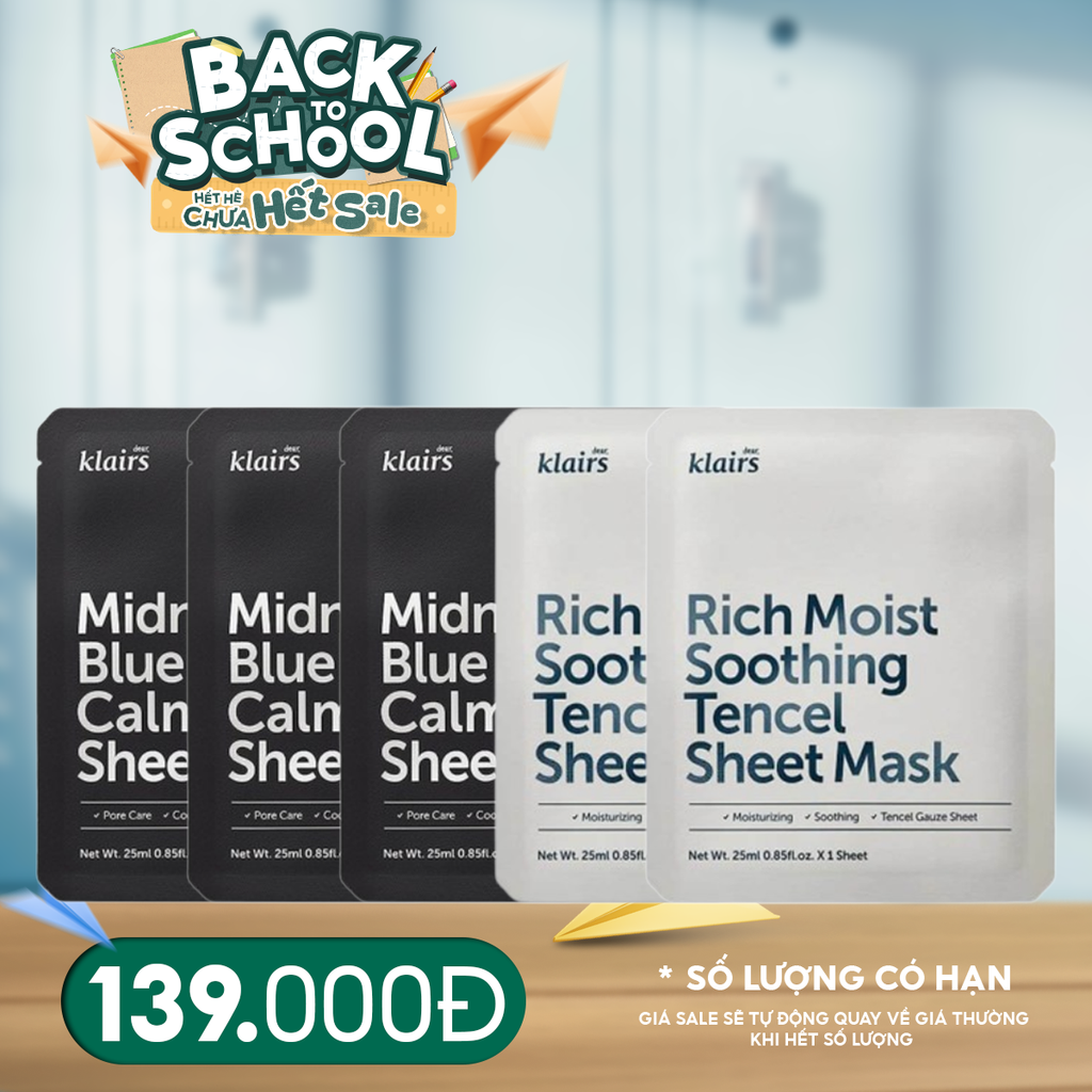Combo Klairs 5 Mask: Mặt Nạ Làm Dịu, Hỗ Trợ Hồi Da Midnight Blue Calming Sheet Mask + Mặt Nạ Dưỡng Ẩm Rich Moist Soothing Tencel Sheet Mask