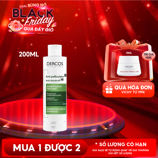  [200ml] Dầu Gội Vichy Làm Sạch Gàu, Hỗ Trợ Giảm Ngứa Dành Cho Da Dầu Dercos Anti Dandruff Dermatological Shampoo 
