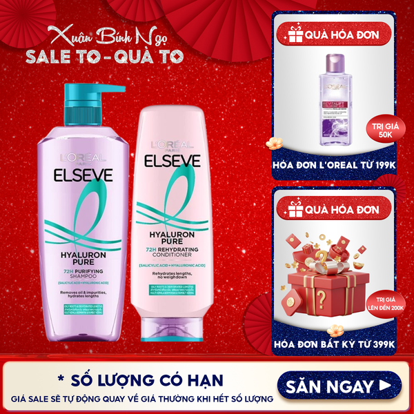 Dầu Gội, Dầu Xả L'oreal Dưỡng Tóc Phồng Bồng Bềnh Cho Da Đầu Dầu & Thường Paris Elseve Hyaluron Pure 72H 