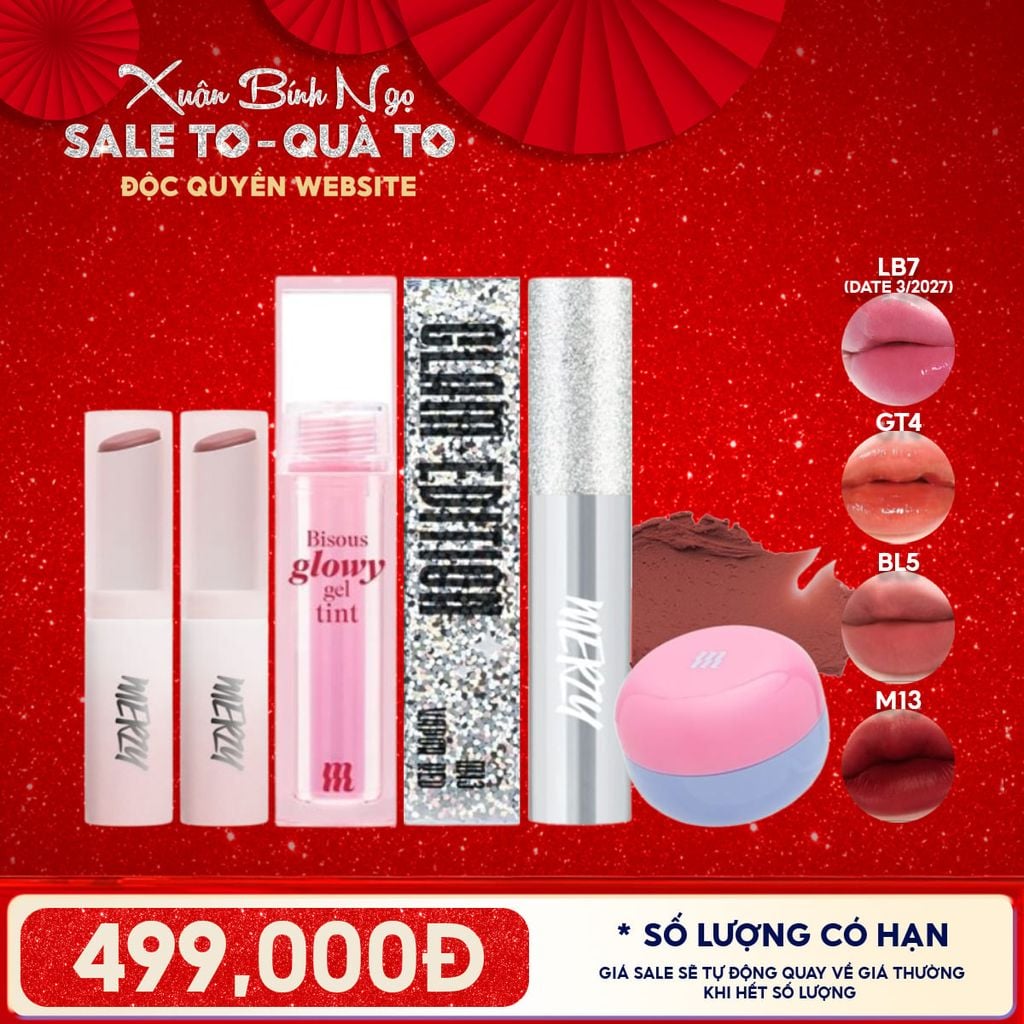 [ĐỘC QUYỀN - COMBO SIÊU HỜI] 2 Son Dưỡng Ẩm Có Màu Merzy LB7 Off Grape (date 03/2027) + Son Bóng Pha Lê Merzy + Son Kem Bùn Kiêm Má Hồng Merzy + Son Kem Lì Merzy The Glam M13 Vapor Red
