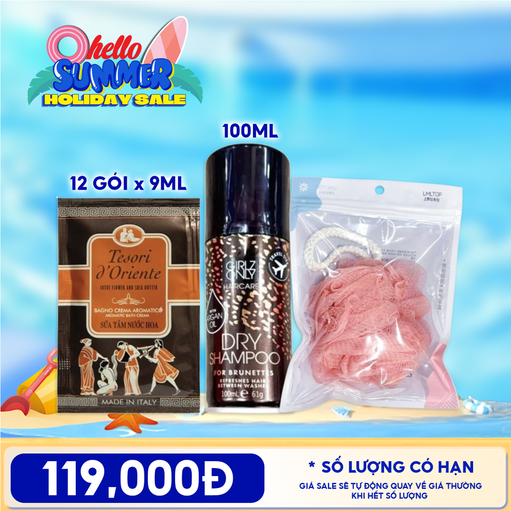 Combo Tiện Lợi: Dây 12 Gói Sữa Tắm Tesori d'Oriente Aromatic Bath Cream + Dầu Gội Khô Girlz Only Dry Shampoo + Bông Tắm Tạo Bọt Cao Cấp LMLTOP Bath Ball