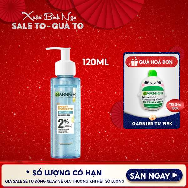  Sữa Rửa Mặt Dạng Gel Garnier Dịu Nhẹ Cho Da Dầu Mụn Skin Naturals Bright Complete Anti-Acne Cleansing Gel 120ml 