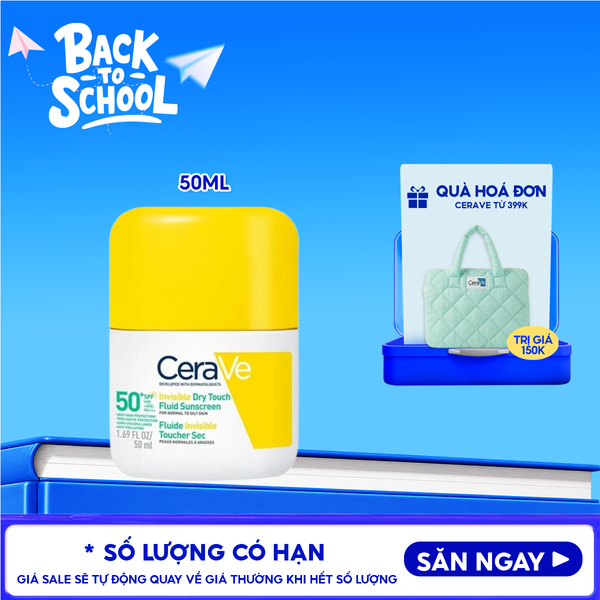  Sữa Chống Nắng Cerave Kiềm Dầu, Mỏng Nhẹ, Khô Thoáng Invisible Dry Touch​ Fluid Sunscreen SPF50+ PA++++​ 50ml 