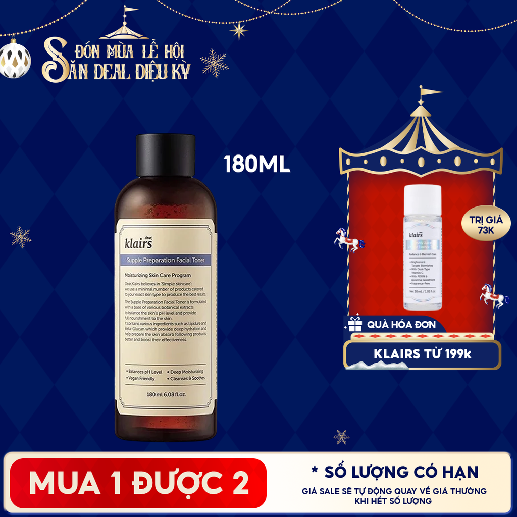 Nước Hoa Hồng Klairs Làm Sạch, Dưỡng Ẩm Supple Preparation Facial Toner 180ml