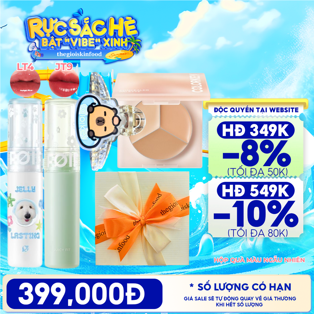 [HỘP QUÀ YÊU THƯƠNG] Son Tint Bóng FOIF Jelly Lasting Tint + Son Tint Bóng FOIF Juicy Fit Tint + Bảng Che Khuyết Điểm Colorkey + Kẹp Tóc Colokey Capybara