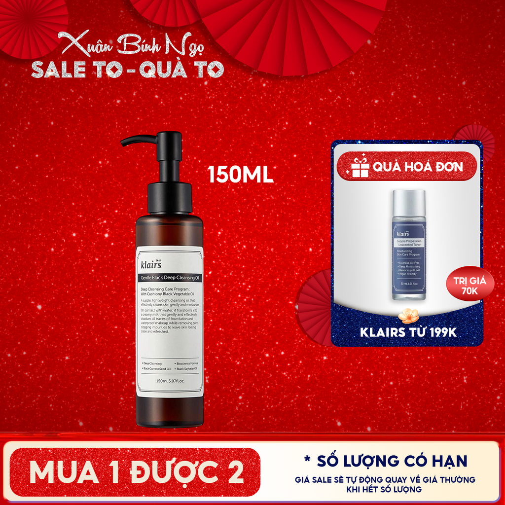 Dầu Tẩy Trang Klairs Kiểm Soát Bã Nhờn, Cung Cấp Dưỡng Chất Cho Da Gentle Black Deep Cleansing Oil 150ml